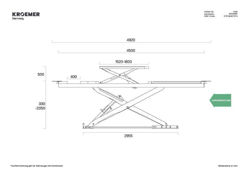 Technische Zeichnung XX81 - Seitenansicht (Auffahrrichtung)