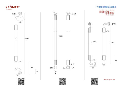 MITTE: Technische Zeichnung eines Hydraulikschlauchs mit einer Gesamtlänge von 2400mm.