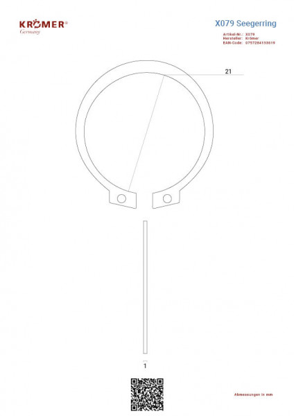 Technische Zeichnung eines Seegerrings mit einem Innendurchmesser von ca. 21 mm.