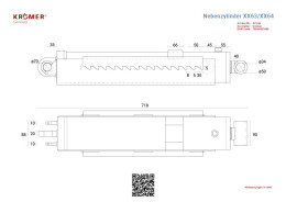 Technische Zeichnung eines Hydraulikzylinders für Doppelscherenhebebühnen mit einer Gesamtlänge von 718mm.