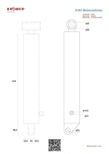 Technische Zeichnung eines Nebenzylinders für Scherenhebebühnen.