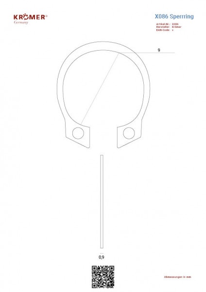 technische Zeichnung eines Sperrrings mit einem Innendurchmesser von 9 mm.